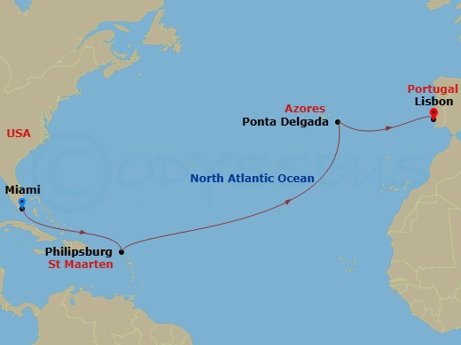 12 Night - Mia - MSC Meraviglia - Starting in Miami, Philipsburg, St Maarten, Ponta Delgada (Azores), Portugal, Lisbon (Cascais), Portugal itinerary map
