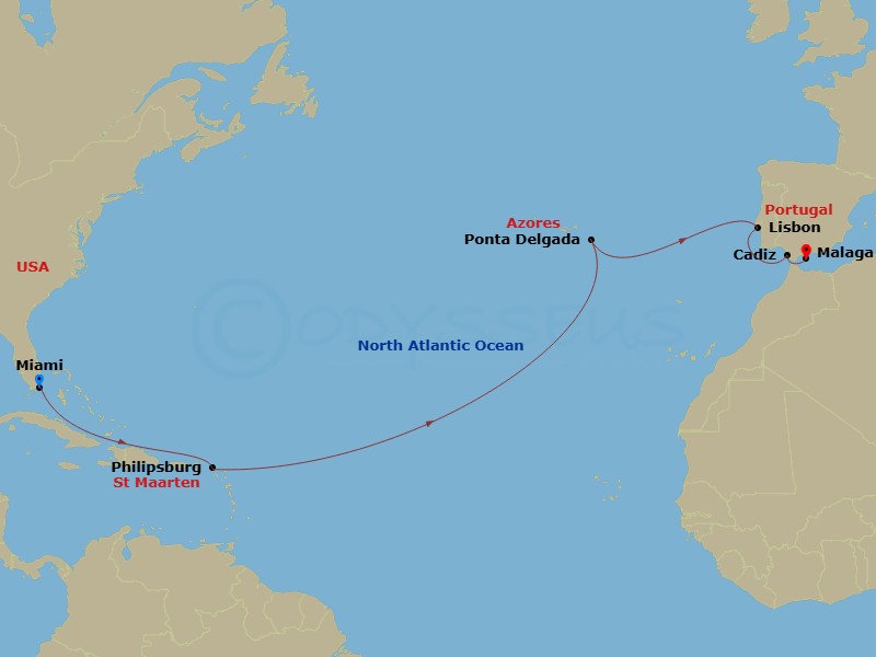14 Night - Msc Grand Voyages - MSC Meraviglia - Starting in Miami, Philipsburg, St Maarten, Ponta Delgada (Azores), Portugal, Lisbon (Cascais), Portugal, Cadiz (Seville), Spain, Malaga (Granada), Spain itinerary map