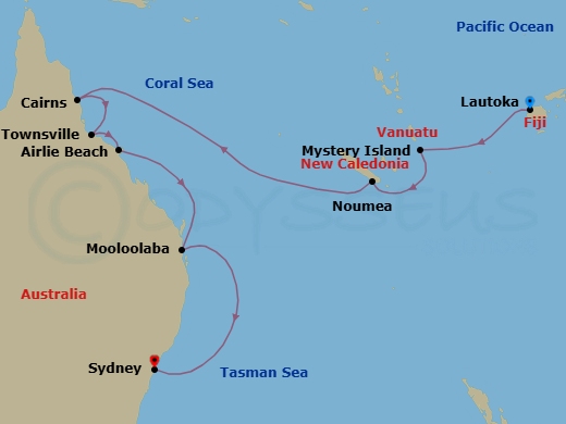 14 Night - Realm of the Coral Sky - Seven Seas Splendor - Starting in Lautoka, Cruising the South Pacific, Mystery Island, Noumea, Cruising the Coral Sea, Cairns, Townsville, Airlie Beach, Cruising the Coral Sea, Mooloolaba, Cruising the Tasman Sea, Sydney AU itinerary map