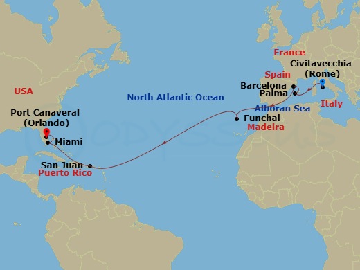 17 Night - Cvv - MSC Grandiosa - Starting in Civitavecchia (Rome), Italy, Palma De Mallorca (Balearic Islands), Spain, Barcelona, Spain, Funchal (Madeira Islands), Portugal, San Juan, Puerto Rico, Miami, Port Canaveral (Orlando) itinerary map