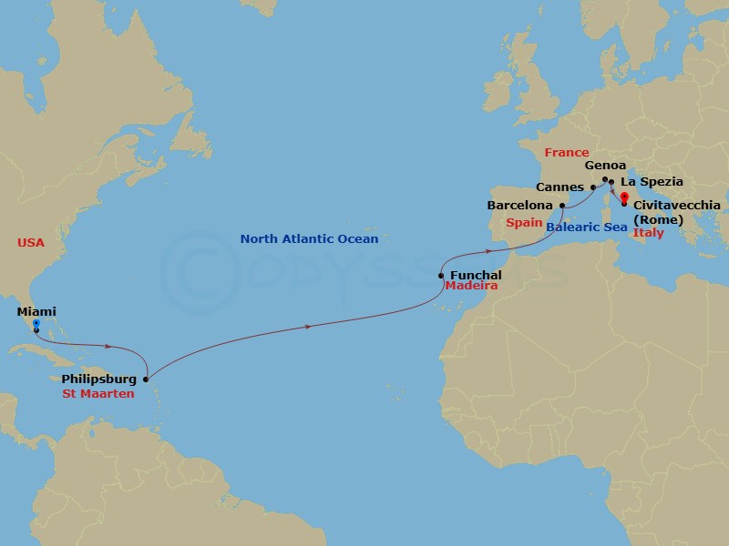 17 Night - Msc Grand Voyages - MSC Grandiosa - Starting in Miami, Philipsburg, St Maarten, Funchal (Madeira Islands), Portugal, Barcelona, Spain, Cannes (Cote Dazur), France, Genoa (Portofino), Italy, La Spezia (Cinque Terre), Italy, Civitavecchia (Rome), Italy itinerary map