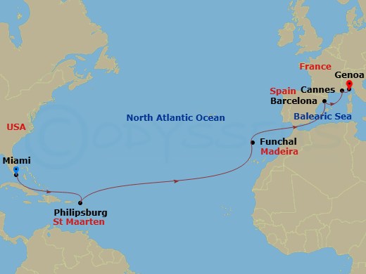 15 Night - Msc Grand Voyages - MSC Grandiosa - Starting in Miami, Philipsburg, St Maarten, Funchal (Madeira Islands), Portugal, Barcelona, Spain, Cannes (Cote Dazur), France, Genoa (Portofino), Italy itinerary map