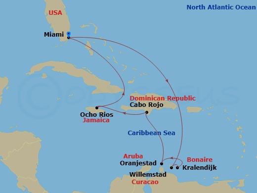 10 Night - Caribbean and Antilles - MSC Poesia - Starting in Miami, Willemstad AN, Curacao, Kralendijk, Bonaire, Oranjestad, Aruba, Cabo Rojo, Dominican Republic, Ocho Rios, Jamaica, Miami itinerary map