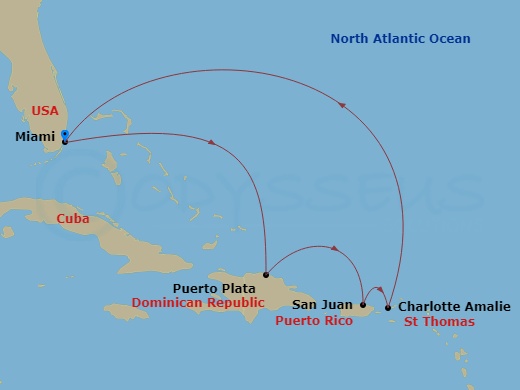 7 Night - Eastern Caribbean Holiday - Allure of the Seas - Starting in Miami, Florida, Puerto Plata, Dominican Republic, San Juan, Puerto Rico, Charlotte Amalie, St Thomas, Miami, Florida itinerary map