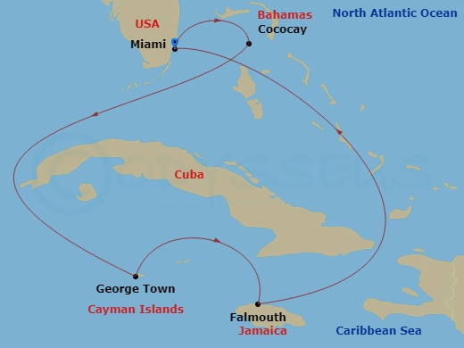 7 Night - Western Caribbean & Perfect Day - Independence of the Seas - Starting in Miami, Florida, Perfect Day Cococay, Bahamas, George Town, Grand Cayman, Falmouth, Jamaica, Miami, Florida itinerary map