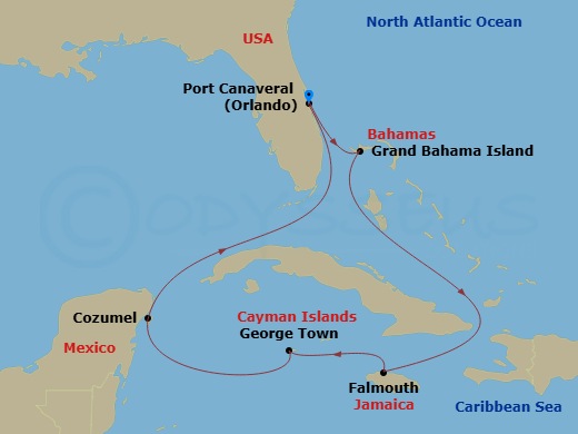 7 Night - Western Caribbean Holiday - Explorer of the Seas - Starting in Orlando (Port Canaveral), Fl, Grand Bahama Island, Bahamas, Falmouth, Jamaica, George Town, Grand Cayman, Cozumel, Mexico, Orlando (Port Canaveral), Fl itinerary map