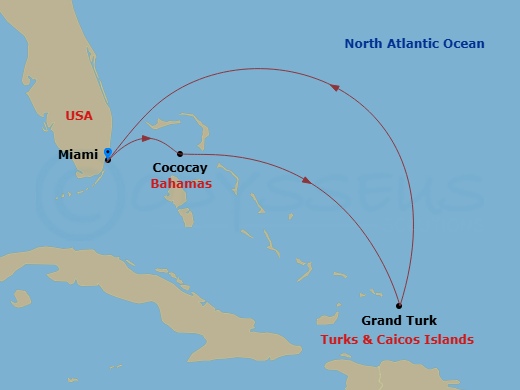 5 Night - Eastern Caribbean & Perfect Day - Freedom of the Seas - Starting in Miami, Florida, Perfect Day Cococay, Bahamas, Grand Turk, Turks and Caicos, Miami, Florida itinerary map