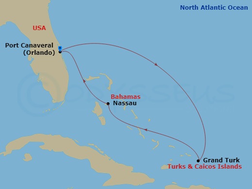 5 Night - Eastern Caribbean Cruise - Explorer of the Seas - Starting in Orlando (Port Canaveral), Fl, Grand Turk, Turks and Caicos, Nassau, Bahamas, Orlando (Port Canaveral), Fl itinerary map