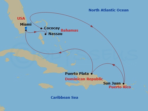 7 Night - Eastern Caribbean & Perfect Day - Allure of the Seas - Starting in Miami, Florida, Nassau, Bahamas, Perfect Day Cococay, Bahamas, San Juan, Puerto Rico, Puerto Plata, Dominican Republic, Miami, Florida itinerary map