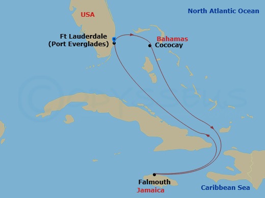 6 Night - Western Caribbean & Perfect Day - Legend of the Seas - Starting in Fort Lauderdale, Florida, Perfect Day Cococay, Bahamas, Falmouth, Jamaica, Fort Lauderdale, Florida itinerary map