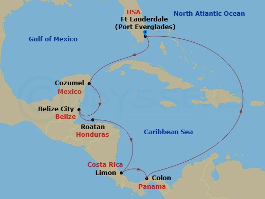10 Night - The Americas & Caribbean - Crystal Symphony - Starting in Fort Lauderdale, Colon, Puerto Limon, Roatan Island, Belize City, Cozumel, Quintana Roo, Fort Lauderdale itinerary map