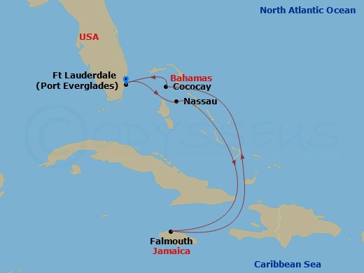 6 Night - Western Caribbean Cruise - Allure of the Seas - Starting in Fort Lauderdale, Florida, Nassau, Bahamas, Falmouth, Jamaica, Perfect Day Cococay, Bahamas, Fort Lauderdale, Florida itinerary map