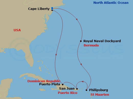 9 Night - Bermuda & Eastern Caribbean - Independence of the Seas - Starting in Cape Liberty, Nj (Ny Metro), Royal Naval Dockyard, Bermuda, Philipsburg, St Maarten, San Juan, Puerto Rico, Puerto Plata, Dominican Republic, Cape Liberty, Nj (Ny Metro) itinerary map