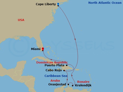 10 Night - Southern Caribbean Cruise - Independence of the Seas - Starting in Cape Liberty, Nj (Ny Metro), Cabo Rojo, Dominican Republic, Oranjestad, Aruba, Kralendijk, Bonaire, Puerto Plata, Dominican Republic, Miami, Florida itinerary map