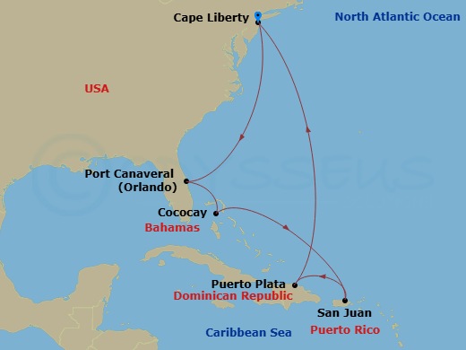 9 Night - Eastern Caribbean & Perfect Day - Oasis of the Seas - Starting in Cape Liberty, Nj (Ny Metro), Orlando (Port Canaveral), Fl, Perfect Day Cococay, Bahamas, San Juan, Puerto Rico, Puerto Plata, Dominican Republic, Cape Liberty, Nj (Ny Metro) itinerary map