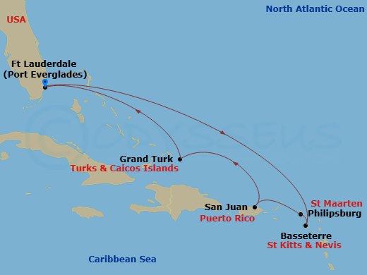 8 Night - Eastern Caribbean Cruise - Adventure of the Seas - Starting in Fort Lauderdale, Florida, Basseterre, St Kitts and Nevis, Philipsburg, St Maarten, San Juan, Puerto Rico, Grand Turk, Turks and Caicos, Fort Lauderdale, Florida itinerary map