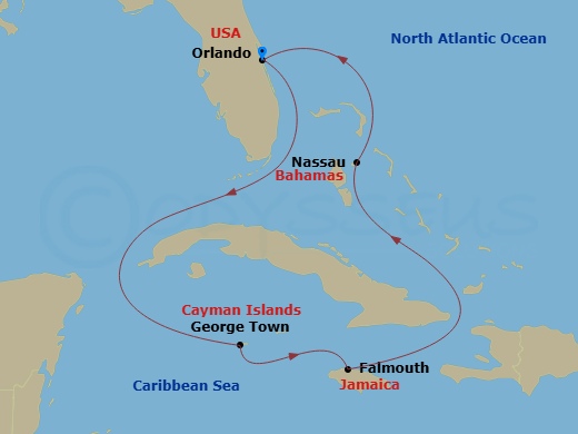 6 Night - Western Caribbean Cruise - Adventure of the Seas - Starting in Orlando (Port Canaveral), Fl, George Town, Grand Cayman, Falmouth, Jamaica, Nassau, Bahamas, Orlando (Port Canaveral), Fl itinerary map