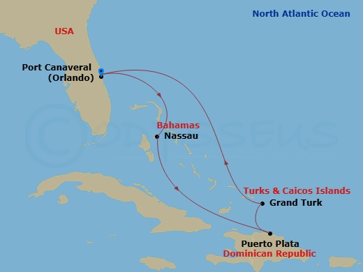 6 Night - Western Caribbean Cruise - Adventure of the Seas - Starting in Orlando (Port Canaveral), Fl, Nassau, Bahamas, Puerto Plata, Dominican Republic, Grand Turk, Turks and Caicos, Orlando (Port Canaveral), Fl itinerary map