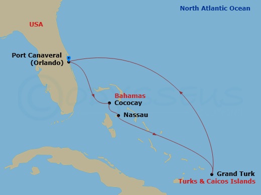 6 Night - Western Caribbean & Perfect Day - Adventure of the Seas - Starting in Orlando (Port Canaveral), Fl, Perfect Day Cococay, Bahamas, Nassau, Bahamas, Grand Turk, Turks and Caicos, Orlando (Port Canaveral), Fl itinerary map