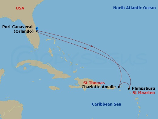 7 Night - Eastern Caribbean Cruise - Star of the Seas - Starting in Orlando (Port Canaveral), Fl, Charlotte Amalie, St Thomas, Philipsburg, St Maarten, Orlando (Port Canaveral), Fl itinerary map