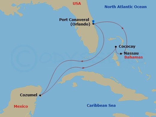 6 Night - Western Caribbean & Perfect Day - Adventure of the Seas - Starting in Orlando (Port Canaveral), Fl, Cozumel, Mexico, Perfect Day Cococay, Bahamas, Nassau, Bahamas, Orlando (Port Canaveral), Fl itinerary map