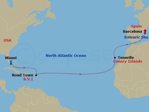 13 Night - Msc Grand Voyages - MSC Divina - Starting in Miami, Road Town (Tortola), British Virgin Islands, Santa Cruz de Tenerife, Barcelona, Spain itinerary map