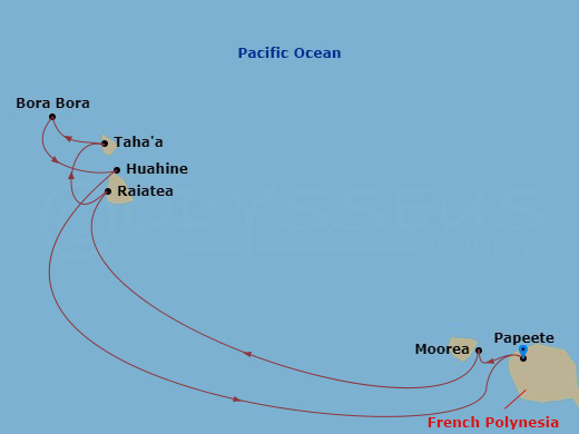 7 Night - Dreams of Tahiti - Star Breeze - Starting in Papeete, Moorea, Raiatea, Motu Mahaea, Near Tahaa, Bora Bora, Huahine, Papeete itinerary map