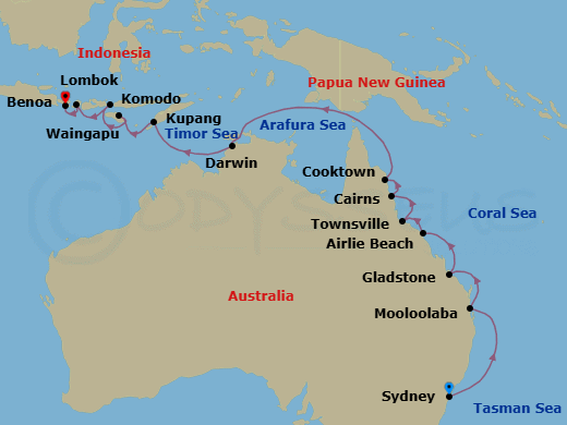 19 Night - Roos, Reefs & Romance - Seven Seas Explorer - Starting in Sydney AU, Cruising the Tasman Sea, Mooloolaba, Cruising the Coral Sea, Gladstone, Airlie Beach, Townsville, Cruising the Coral Sea, Cairns, Cooktown, Cruising the Coral Sea, Cruising the Arafura Sea, Darwin, Cruising the Timor Sea, Kupang (West Timor), Waingapu (Sumba), Komodo, Lombok (Lembar), Bali (Benoa) itinerary map