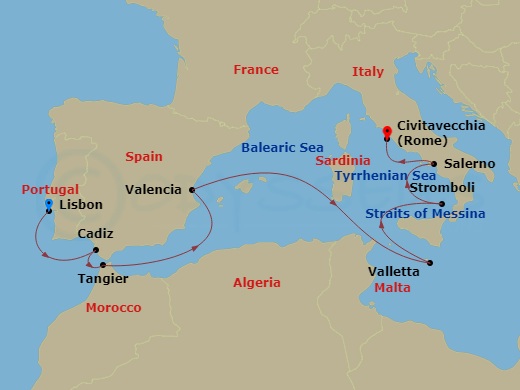 11 Night - Western Mediterranean : Spain, Malta & Italy - Oosterdam - Starting in Lisbon, Portugal, Cadiz (Seville), Spain, Tangier, Morocco, Valencia, Spain, Valletta, Malta, Cruising Strait of Messina, Passing Isola di Stromboli, Salerno, Italy, Civitavecchia (Rome), Italy itinerary map