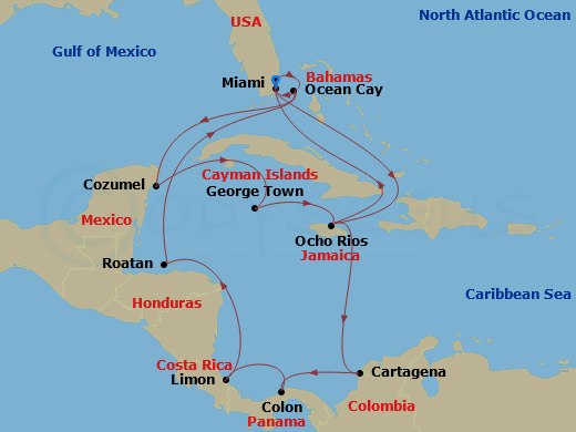 18 Night - Caribbean and Antilles - MSC Divina - Starting in Miami, Ocean Cay Msc Marine Reserve, Bahamas, Cozumel, Mexico, George Town, Cayman Islands, Ocho Rios, Jamaica, Miami, Ocho Rios, Jamaica, Cartagena CO, Colon, Panama, Puerto Limon, Costa Rica, Isla De Roatan, Honduras, Ocean Cay Msc Marine Reserve, Bahamas, Miami itinerary map