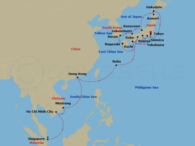 29 Night - Asia and Asia Pacific from Singapore to Yokohama - Silver Muse - Starting in Singapore, Ho Chi Minh City, Nha Trang, Hong Kong, Naha / Okinawa, Kochi, Tokyo, Shimizu, Nagoya, Kochi, Kobe, Nagasaki, Busan, Sakaiminato, Kanazawa, Hakodate, Aomori, Yokohama itinerary map