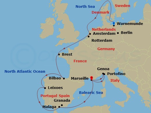 13 Night - War - MSC Magnifica - Starting in Warnemunde (Berlin), Germany, Rotterdam (Amsterdam), Netherlands, Brest, France, Bilbao, Spain, Leixoes (Porto), Portugal, Malaga (Granada), Spain, Marseille (Provence), France, Genoa (Portofino), Italy, Marseille (Provence), France itinerary map
