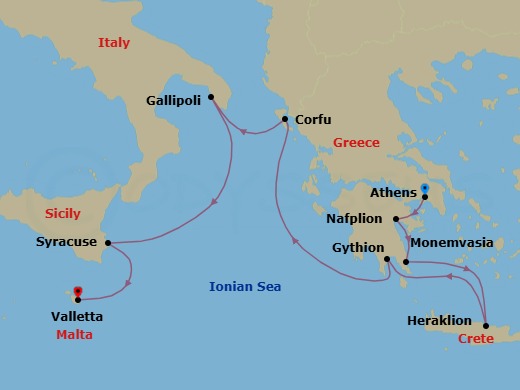 8 Night - Waves & Melodies : 12Th Piano Festival at Sea - Le Dumont-d'Urville - Starting in Athens, Nafplion, Monemvasia, Heraklion, Crete, Gythio, Corfu, Gallipoli, Syracuse IT, Sicily, Valletta itinerary map