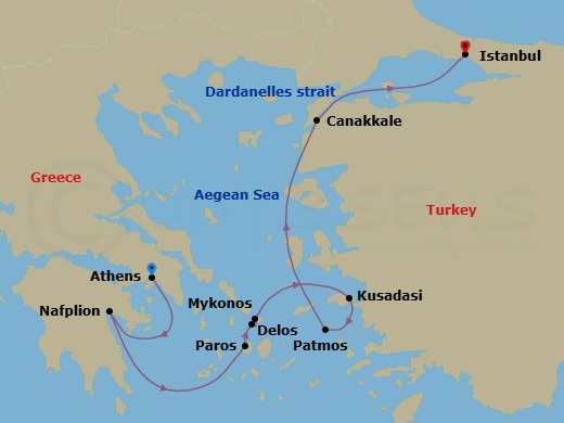 7 Night - Cruising the Aegean : Turkey and the Greek Isles - with Smithsonian Journeys - Le Dumont-d'Urville - Starting in Athens, Nafplion, Paros, Delos, Mykonos, Kusadasi, Patmos, Canakkale, Sailing in the Dardanelles, Istanbul itinerary map