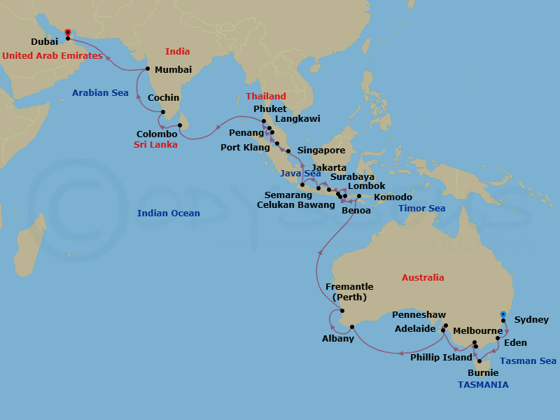 44 Night - Outback to Opulence - Oceania Vista - Starting in Sydney AU, Eden, Burnie (Tasmania), Phillip Island (Cowes), Melbourne, Penneshaw (Kangaroo Island), Adelaide, Albany AU, Perth (Fremantle), Komodo, Bali (Benoa), Lombok (Lembar), Bali (Celukan Bawang), Surabaya, Semarang (Java), Jakarta, Singapore, Kuala Lumpur (Port Klang), Penang, Langkawi, Phuket, Colombo, Cochin (Kochi), Mumbai, Dubai itinerary map