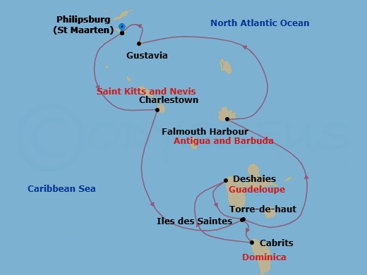 7 Night - Leeward Islands - Star Flyer - Starting in Philipsburg, St Maarten, Charlestown, Nevis, Sail with Royal Clipper South of Iles Des Saintes, Cabrits, Dominica, Deshaies, Guadeloupe, Terre-De-Haut, Iles Des Saintes, Falmouth Harbour, Antigua, Gustavia, St Barts, Philipsburg, St Maarten itinerary map
