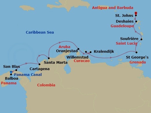 14 Night - Panama to Antigua - Royal Clipper - Starting in Balboa (Isla Flamenco), Panama, Panama Canal Transit, San Blas Archipelago, Panama, Cartagena De Indias, Colombia, Santa Marta, Colombia, Oranjestad, Aruba, Kralendijk, Bonaire, Willemstad AN, Curacao, St Georges, Grenada, Soufriere, St Lucia, Deshaies, Guadeloupe, St Johns AG itinerary map