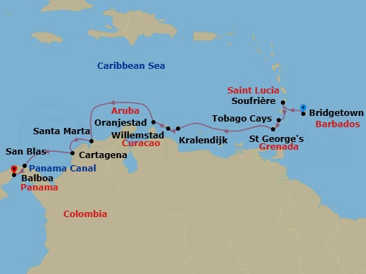 14 Night - Barbados - Panama - Royal Clipper - Starting in Bridgetown, Barbados, Soufriere, St Lucia, Tobago Cays, Grenadines, St Georges, Grenada, Kralendijk, Bonaire, Willemstad AN, Curacao, Oranjestad, Aruba, Santa Marta, Colombia, Cartagena De Indias, Colombia, San Blas Archipelago, Panama, Panama Canal Transit, Balboa (Isla Flamenco), Panama itinerary map