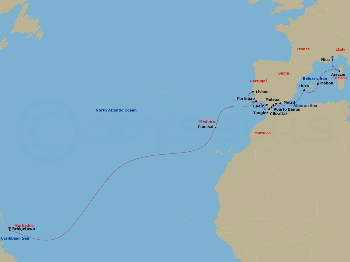 28 Night - Westbound Atlantic Ocean Crossing - Royal Clipper - Starting in Nice, France, Ajaccio / Corsica, France, Mahon / Menorca / Balearic Islands, Spain, Ibiza / Balearic Islands, Spain, Motril, Spain, Malaga, Spain, Puerto Banus (Marbella), Spain, Gibraltar, British Overseas Territory, Tangier, Morocco, Cadiz, Spain, Portimao, Portugal, Lisbon, Portugal, Portimao, Portugal, Funchal / Madeira, Portugal, Bridgetown, Barbados itinerary map