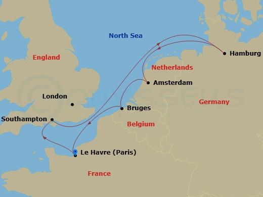 7 Night - Leh - MSC Preziosa - Starting in Le Havre (Paris), France, Southampton (London), United Kingdom, Hamburg, Germany, Amsterdam, Holland, Zeebrugge (Bruges), Belgium, Le Havre (Paris), France itinerary map