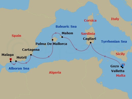 10 Night - Malta, Balearics & Spain - Star Flyer - Starting in Valletta, Malta, Gozo, Malta, Cagliari / Sardinia, Italy, Mahon / Menorca / Balearic Islands, Spain, Palma De Mallorca, Mallorca / Balearic Islands, Spain, Cartagena ES, Motril, Spain, Malaga, Spain itinerary map