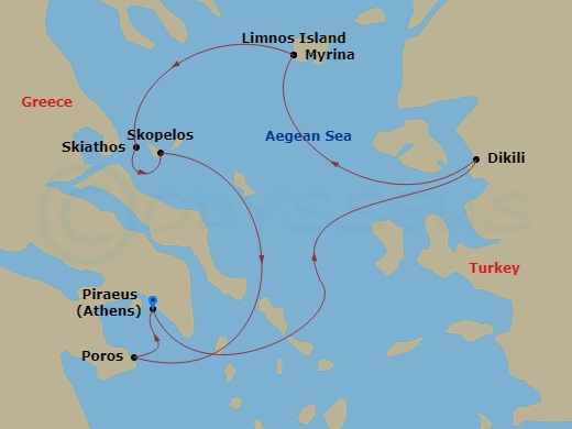 7 Night - Sporades Highlights - Star Flyer - Starting in Piraeus (Port of Athens), Greece, Dikili, Turkey, Myrina / Limnos, Greece, Skiathos, Greece, Skopelos, Greece, Poros, Greece, Piraeus (Port of Athens), Greece itinerary map