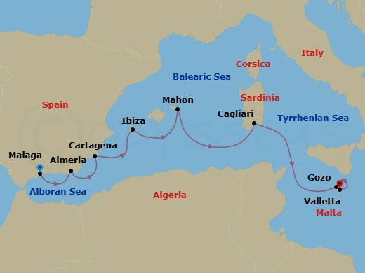 9 Night - Malta, Balearics & Spain - Star Flyer - Starting in Malaga, Spain, Almeria, Spain, Cartagena ES, Ibiza / Balearic Islands, Spain, Mahon / Menorca / Balearic Islands, Spain, Cagliari / Sardinia, Italy, Gozo, Malta, Valletta, Malta itinerary map