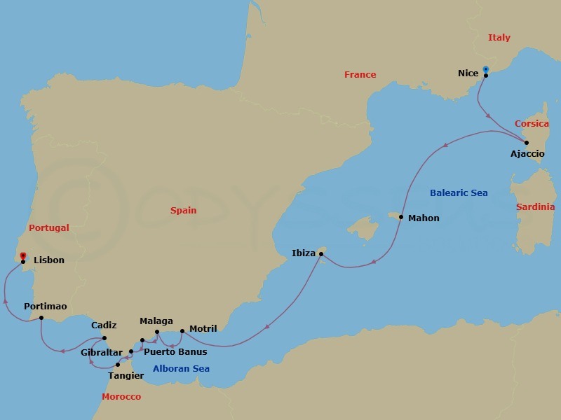 13 Night - Spain, Morocco & Portugal - Royal Clipper - Starting in Nice, France, Ajaccio / Corsica, France, Mahon / Menorca / Balearic Islands, Spain, Ibiza / Balearic Islands, Spain, Motril, Spain, Malaga, Spain, Puerto Banus (Marbella), Spain, Gibraltar, British Overseas Territory, Tangier, Morocco, Cadiz, Spain, Portimao, Portugal, Lisbon, Portugal itinerary map