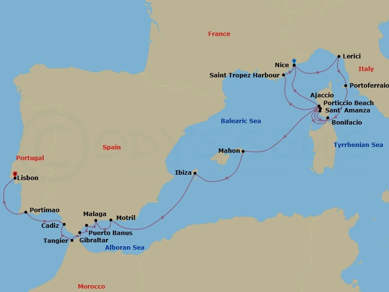 20 Night - Grand Voyage : Nice to Lisbon - Royal Clipper - Starting in Nice, France, Lerici, Italy, Portoferraio / Elba, Italy, Santamanza Beach / Corsica, France, Bonifacio / Corsica, France, Porticcio Beach / Corsica, France, Ajaccio / Corsica, France, St Tropez (Beach), France, St Tropez (Port), France, St Tropez Regatta Observation, St Tropez (Port), France, Nice, France, Ajaccio / Corsica, France, Mahon / Menorca / Balearic Islands, Spain, Ibiza / Balearic Islands, Spain, Motril, Spain, Malaga, Spain, Puerto Banus (Marbella), Spain, Gibraltar, British Overseas Territory, Tangier, Morocco, Cadiz, Spain, Portimao, Portugal, Lisbon, Portugal itinerary map