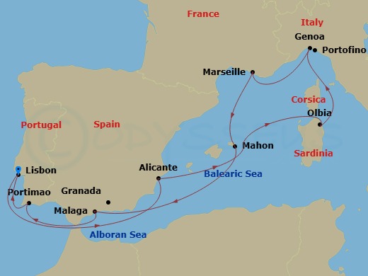 10 Night - Mediterranean - MSC Sinfonia - Starting in Lisbon (Cascais), Portugal, Alicante, Spain, Port Mahon, Minorca, Spain, Olbia, Italy, Genoa (Portofino), Italy, Marseille (Provence), France, Malaga (Granada), Spain, Portimao, Portugal, Lisbon (Cascais), Portugal itinerary map