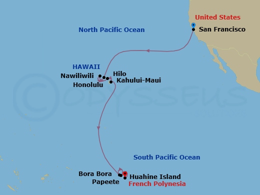 17 Night - Shores of Kamehameha - Seven Seas Splendor - Starting in San Francisco, Cruising the Pacific Ocean, Honolulu, Nawiliwili, Kahului, Hilo, Cruising the Pacific Ocean, Bora Bora, Huahine, Papeete (Tahiti) itinerary map