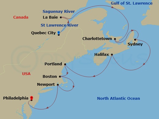 12 Night - Montreal & Quebec Pre Cruisetour - Norwegian Pearl Tours - Starting in At Hotel, Quebec City, Canada, La Baie Saguenay River, Canada, Charlottetown, Prince Edward Island, Canada, Sydney NS, Cape Breton Island, Canada, Halifax, Canada, Portland ME, Boston, Ma, Newport, Ri, Philadelphia, Pa itinerary map