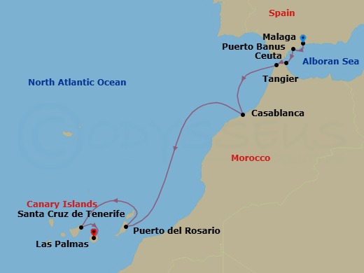 9 Night - Morocco & Canary Islands - Star Flyer - Starting in Malaga, Spain, Puerto Banus (Marbella), Spain, Ceuta, Spain, Tangier, Morocco, Casablanca, Morocco, Puerto Del Rosario, Fuerteventura / Canary Islands, Spain, Santa Cruz de Tenerife, Las Palmas / Gran Canaria / Canary Islands, Spain itinerary map
