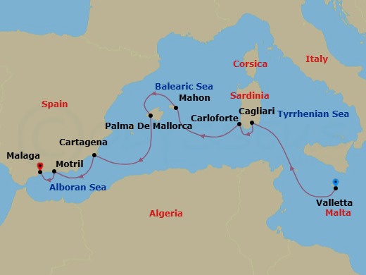 10 Night - Malta, Balearics & Spain - Star Flyer - Starting in Valletta, Malta, Cagliari / Sardinia, Italy, Carloforte / Sardinia, Italy, Mahon / Menorca / Balearic Islands, Spain, Palma De Mallorca, Mallorca / Balearic Islands, Spain, Cartagena ES, Motril, Spain, Malaga, Spain itinerary map
